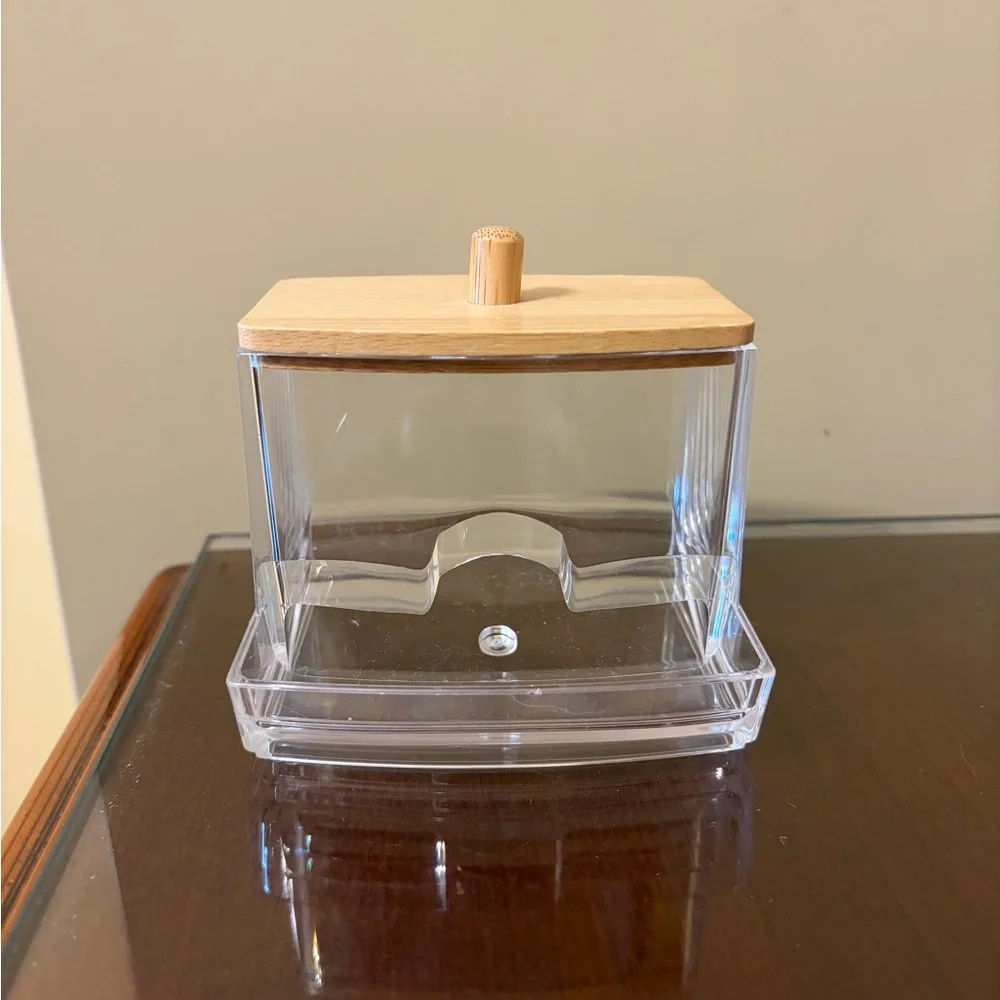 NWOT clear with wood lid bathroom vanity dispenser